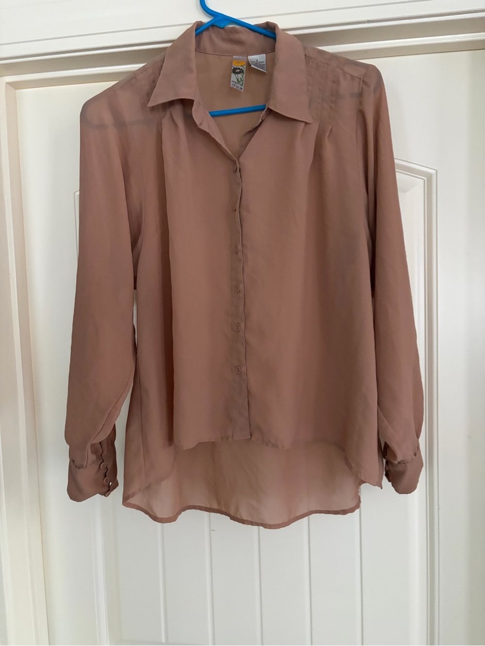 Mimi Chica Sheer Button-Down Blouse in Taupe